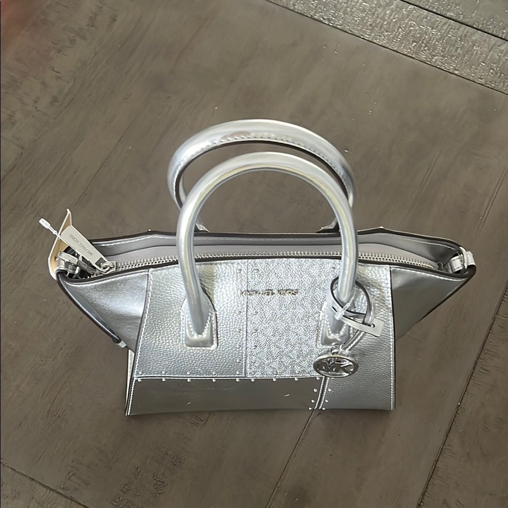 Avril Small Metallic Studded Patchwork & Signature Logo Satchel-NWT - Picture 6 of 9